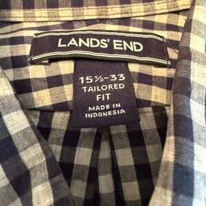 Lands' End Men's Navy and White Plaid Shirt